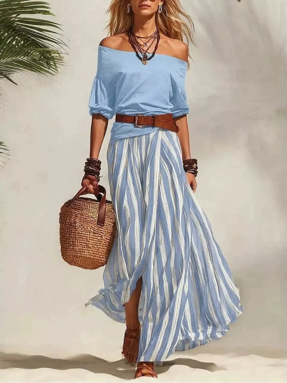 Off Shoulder Top and Striped Maxi Skirt Set, view 11