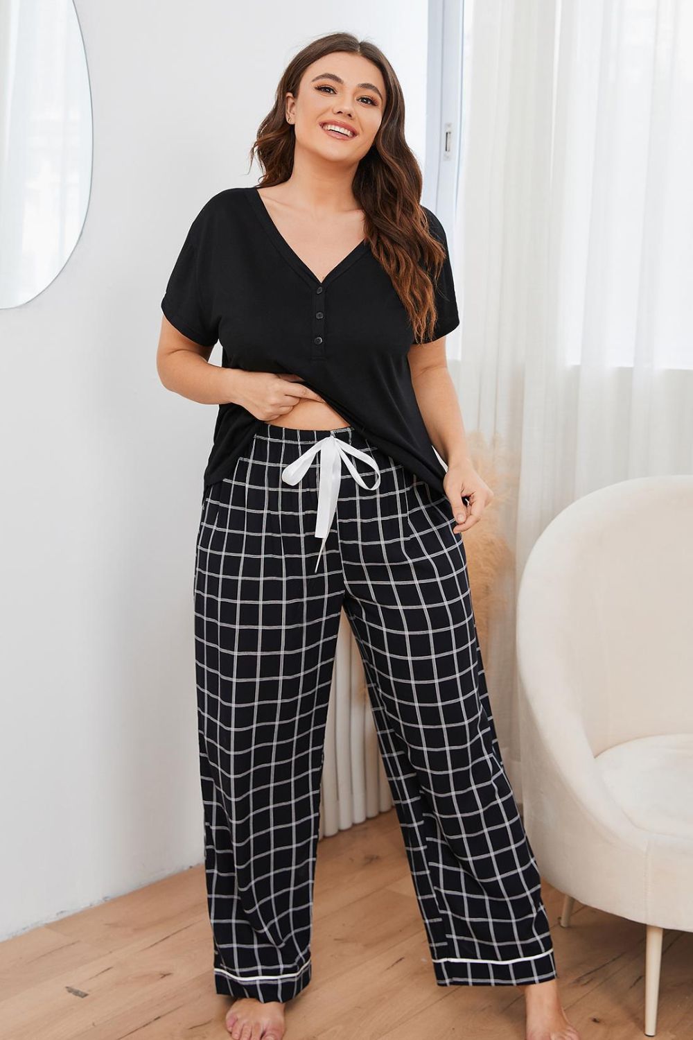 Plus Size V-Neck Top and Plaid Pants Lounge Set - Fashorio