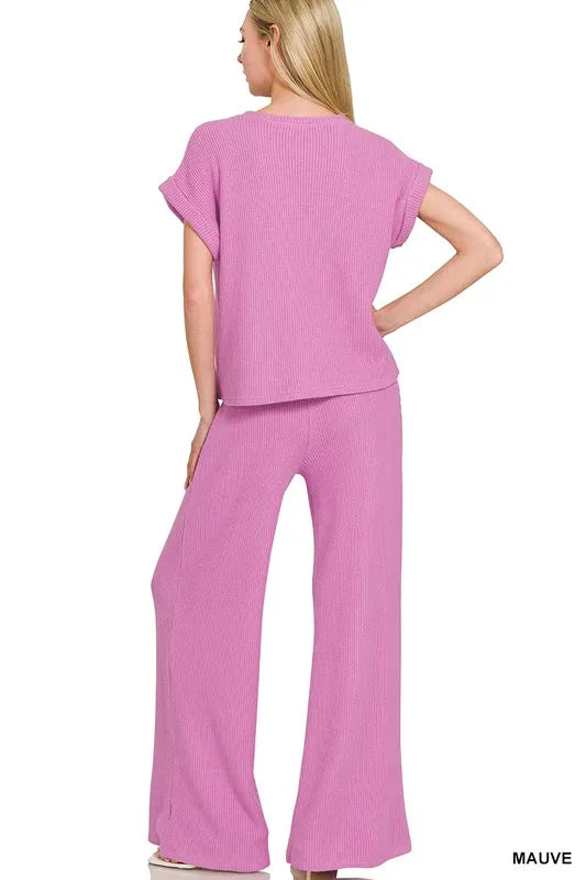 Rolled Sleeve Sweater Top and Pants Set in Mauve detail