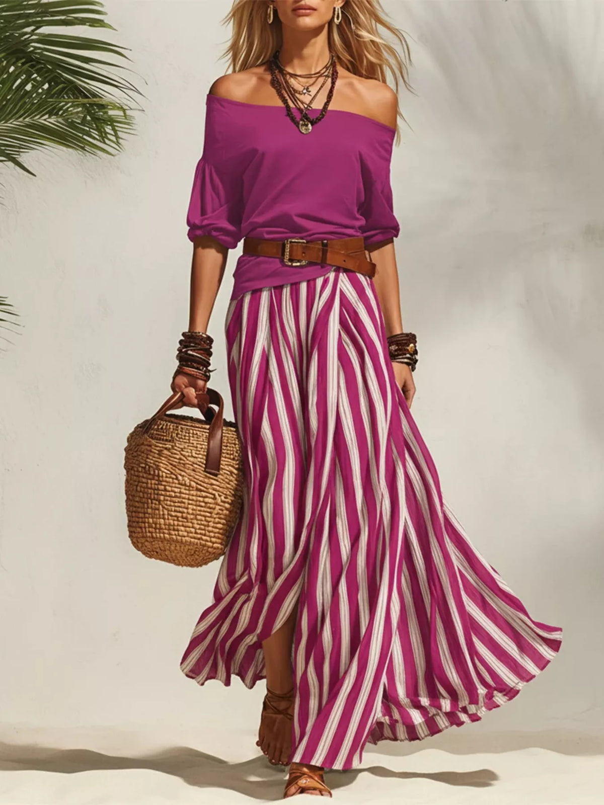 Off Shoulder Top and Striped Maxi Skirt Set, view 10