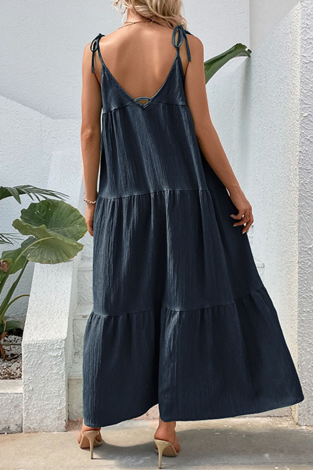 Tie shoulder tiered sleeveless maxi dress full length view