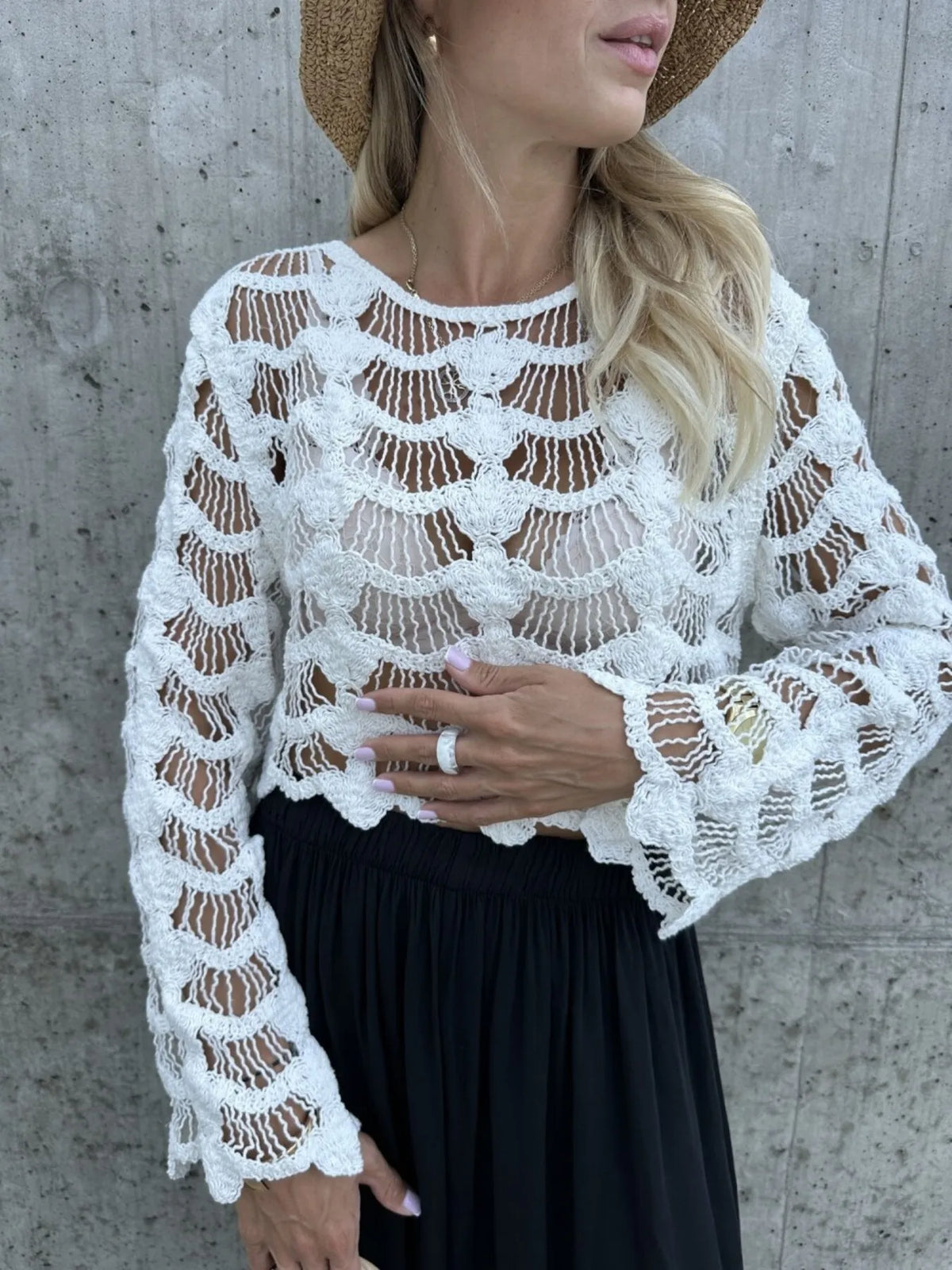 crochet long sleeve knit beach cover up folded flat