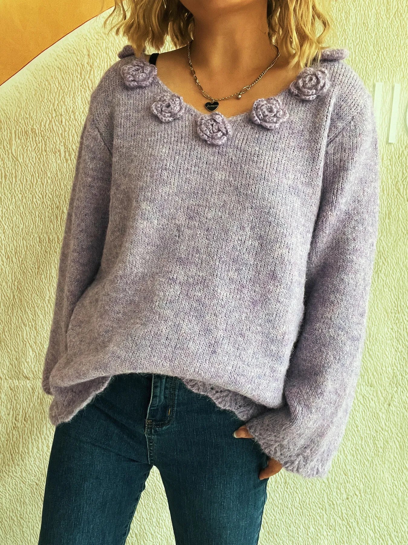 Flower V-Neck Long Sleeve Sweater - Fashorio