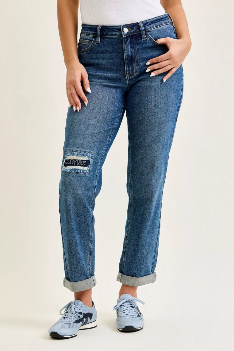 Judy Blue mid rise boyfriend patch jeans front view