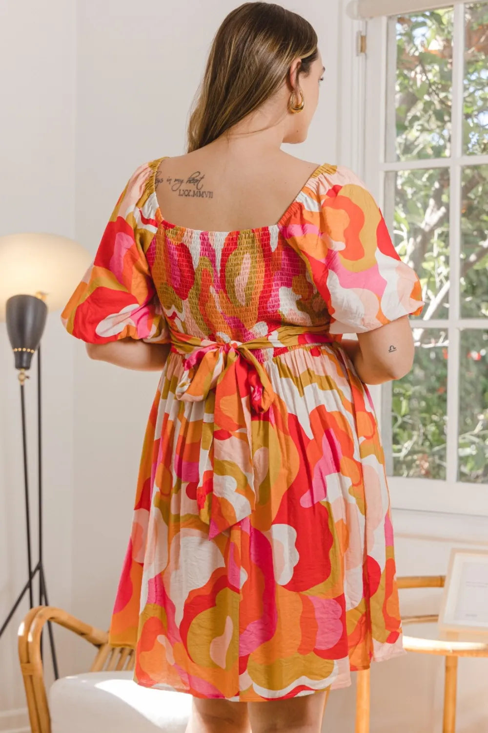 Printed Tied Back Short Sleeve Mini Dress back view
