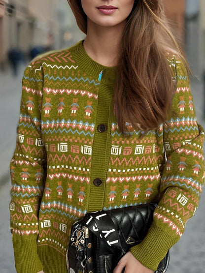 Graphic Button Down Long Sleeve Cardigan Olive One Size - Fashorio