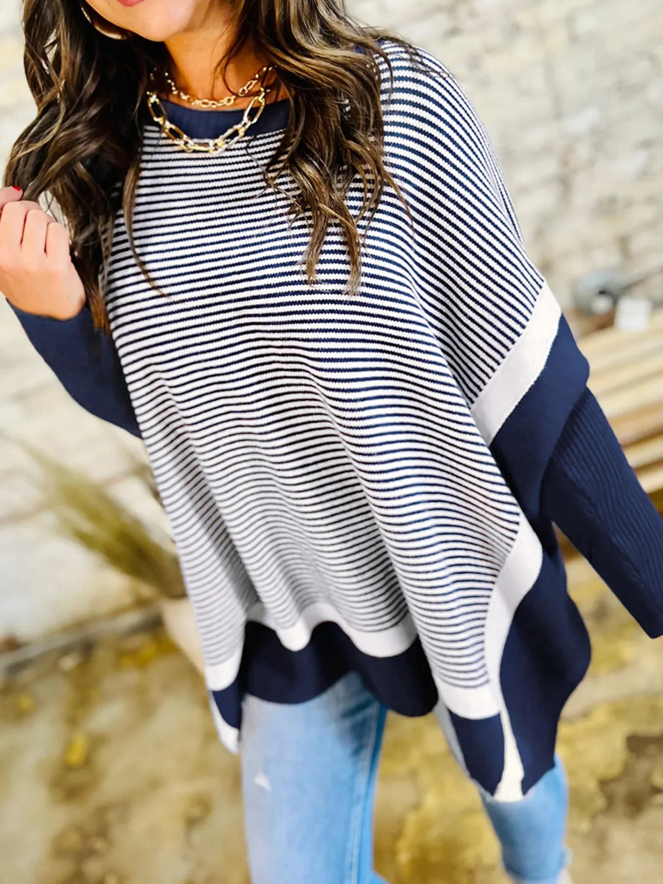 Stripe Dolman Oversize Tunic Sweater Navy - Fashorio