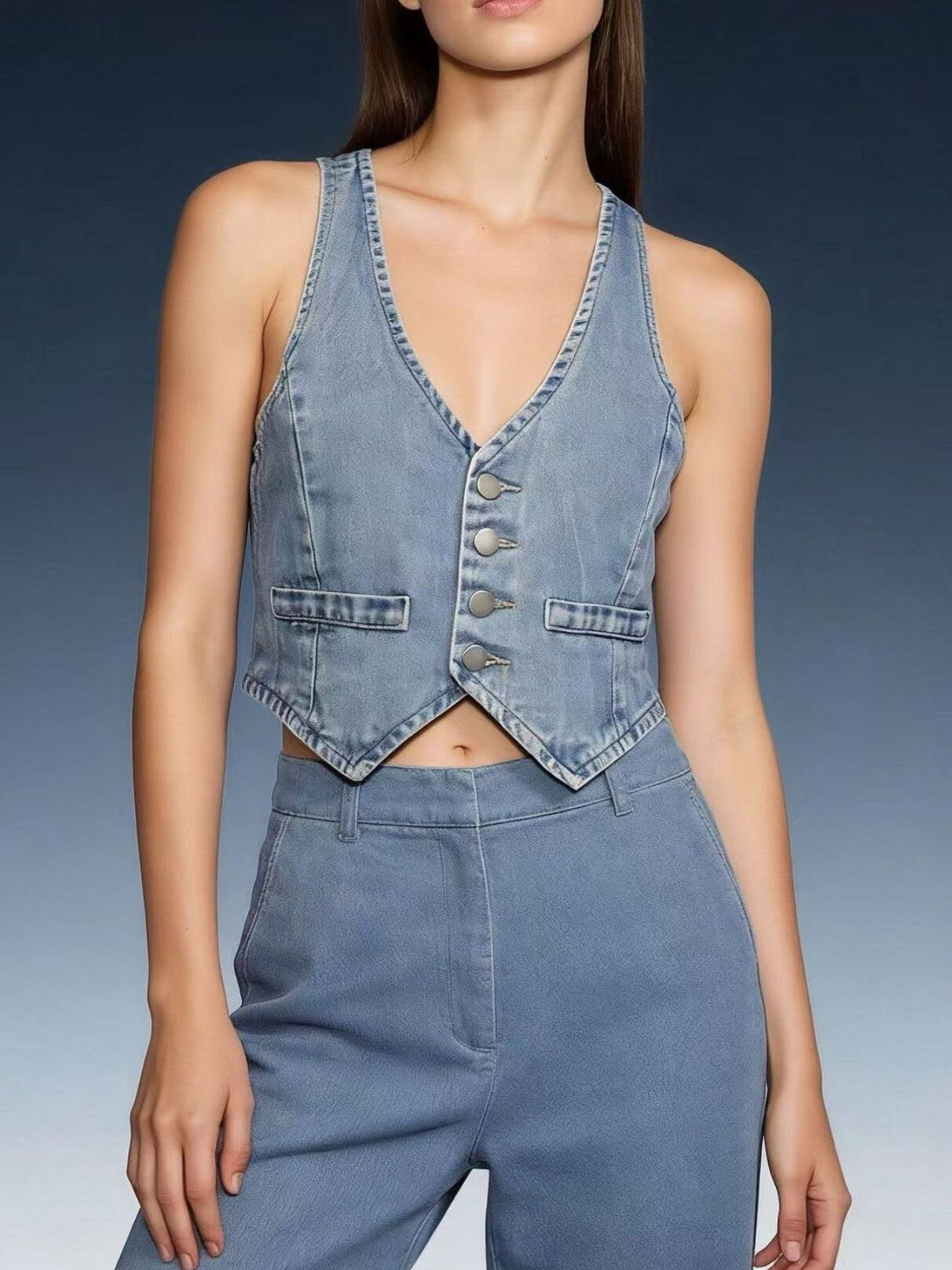 Button Down Denim Vest in Light Blue