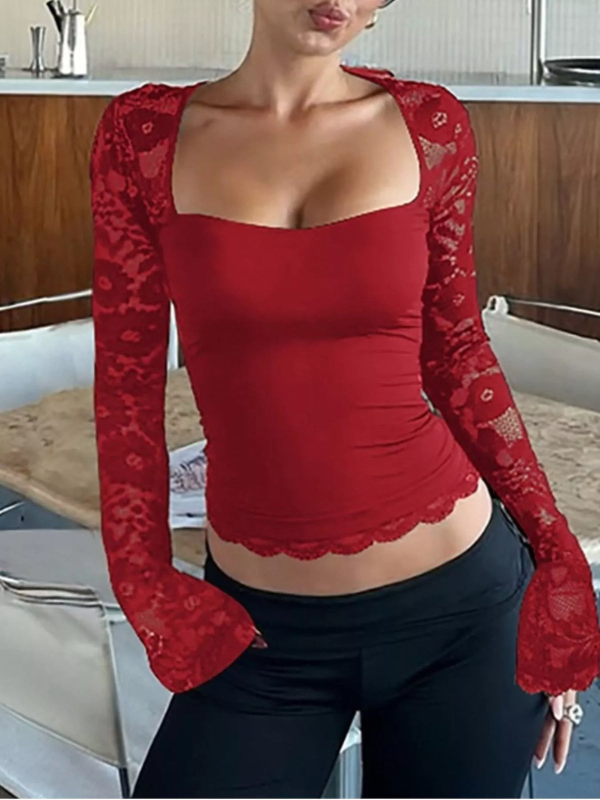 Full length styling of the Sable lace sleeve tee