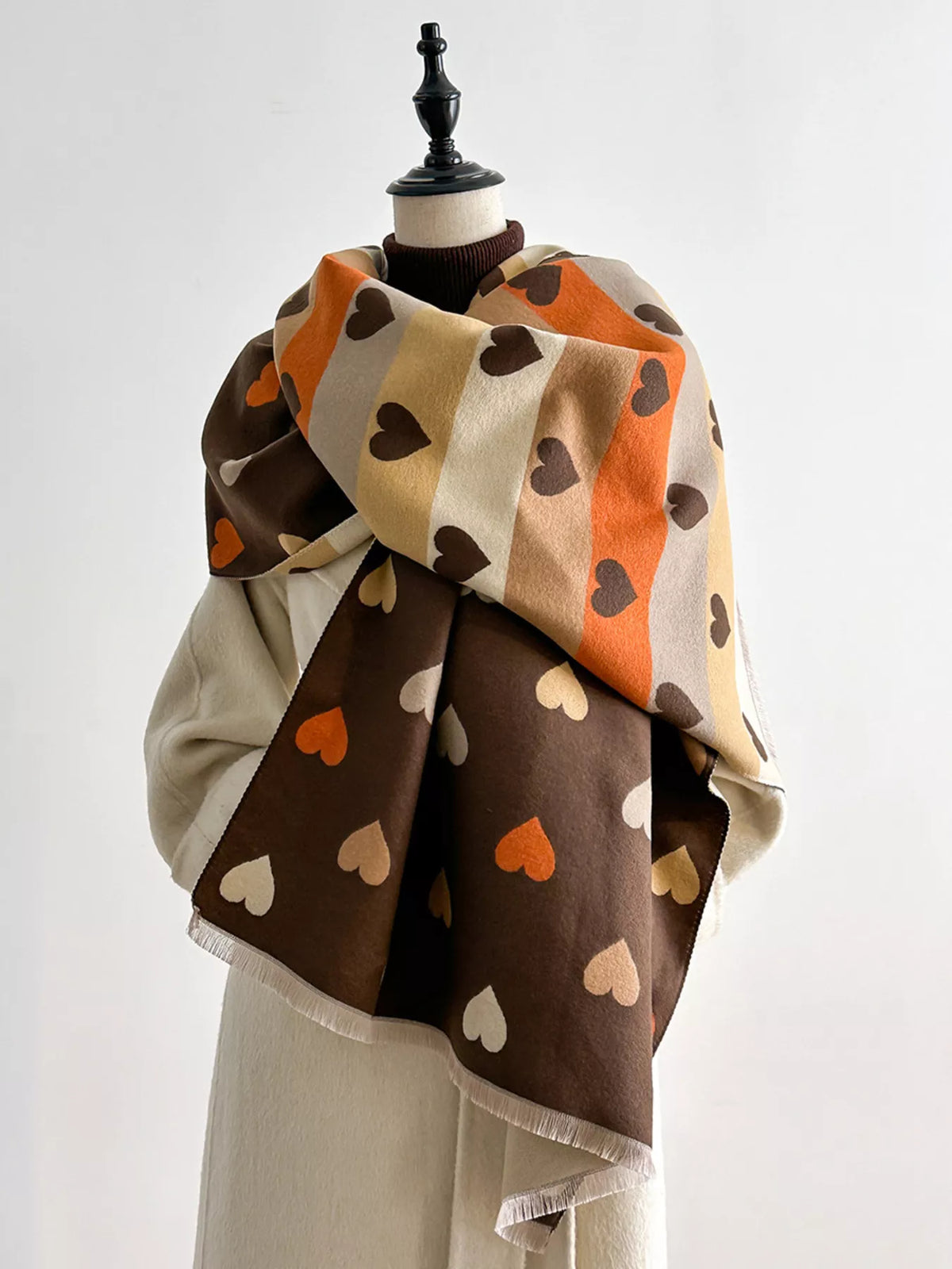 Warm heart scarf shown at full length