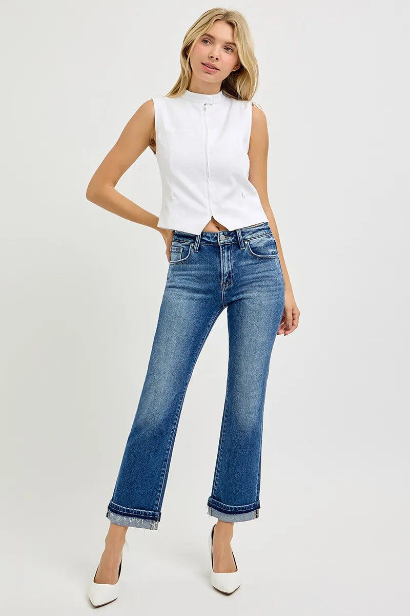 RISEN Mid Rise Ankle Straight Cuffed Jeans - Fashorio