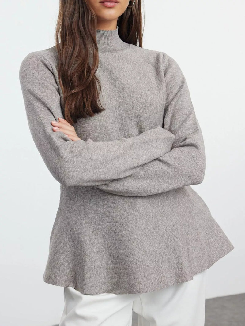 mock neck peplum embroidered sweater front view