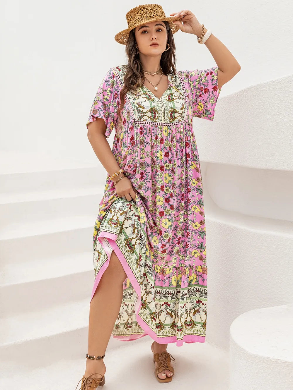 Floral print detail on viscose maxi dress