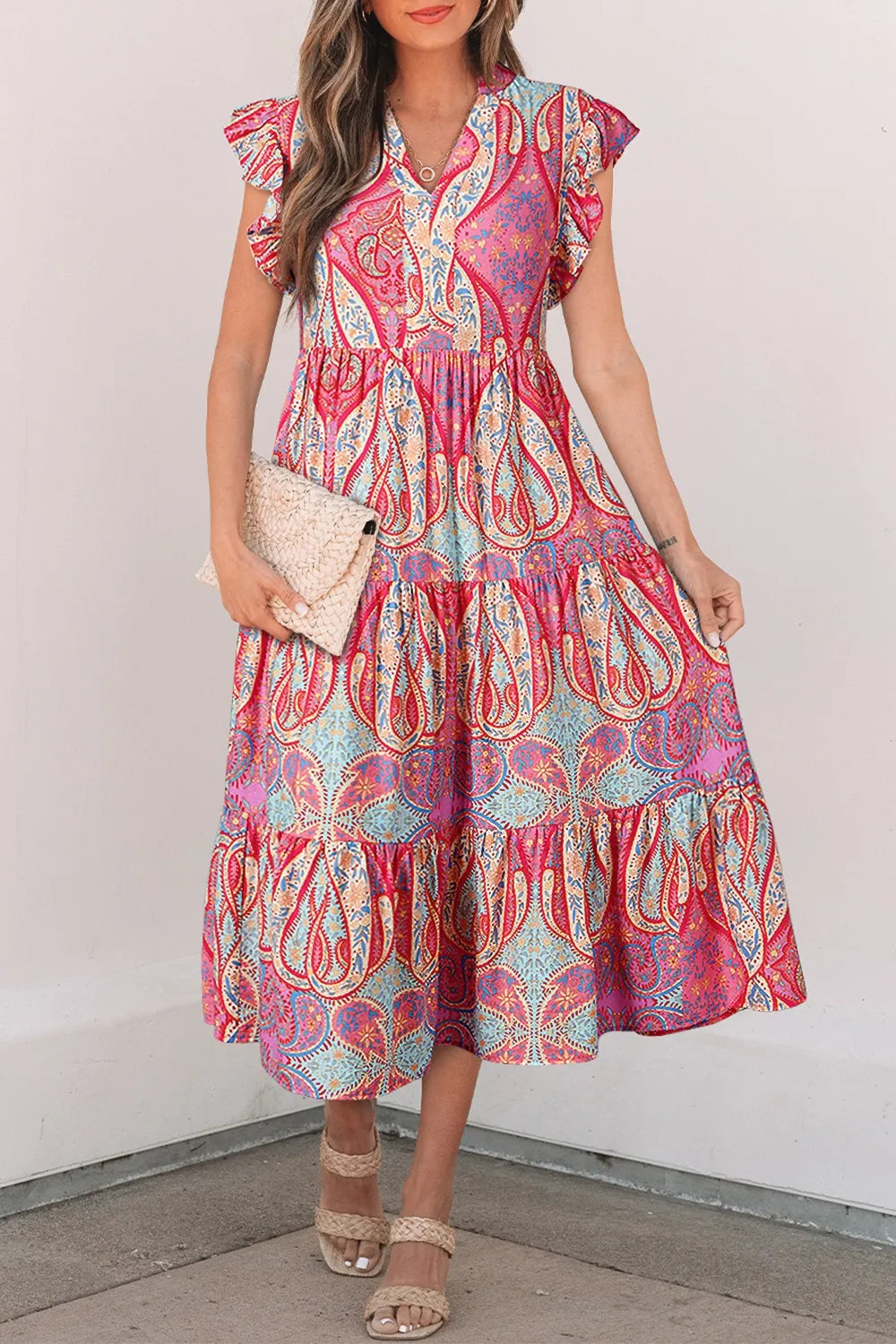 Paisley print ruffled sleeve midi dress front