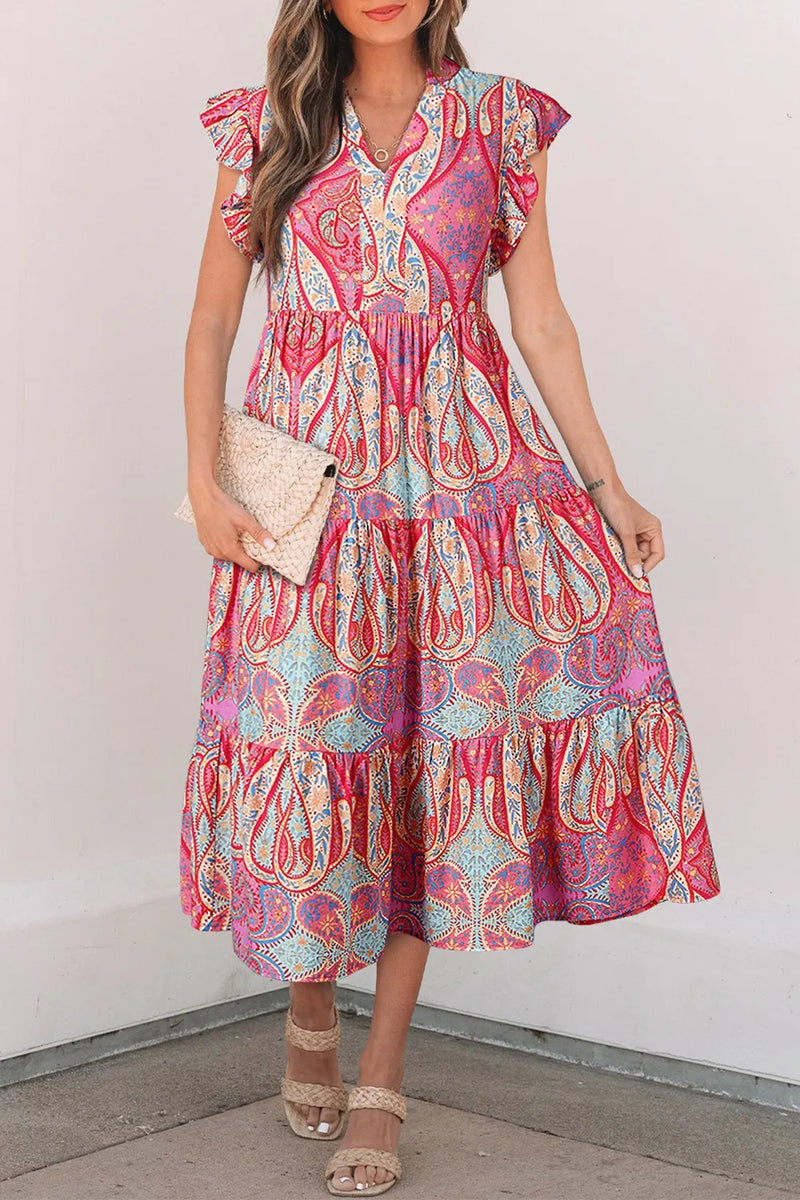 Paisley print ruffled sleeve midi dress front