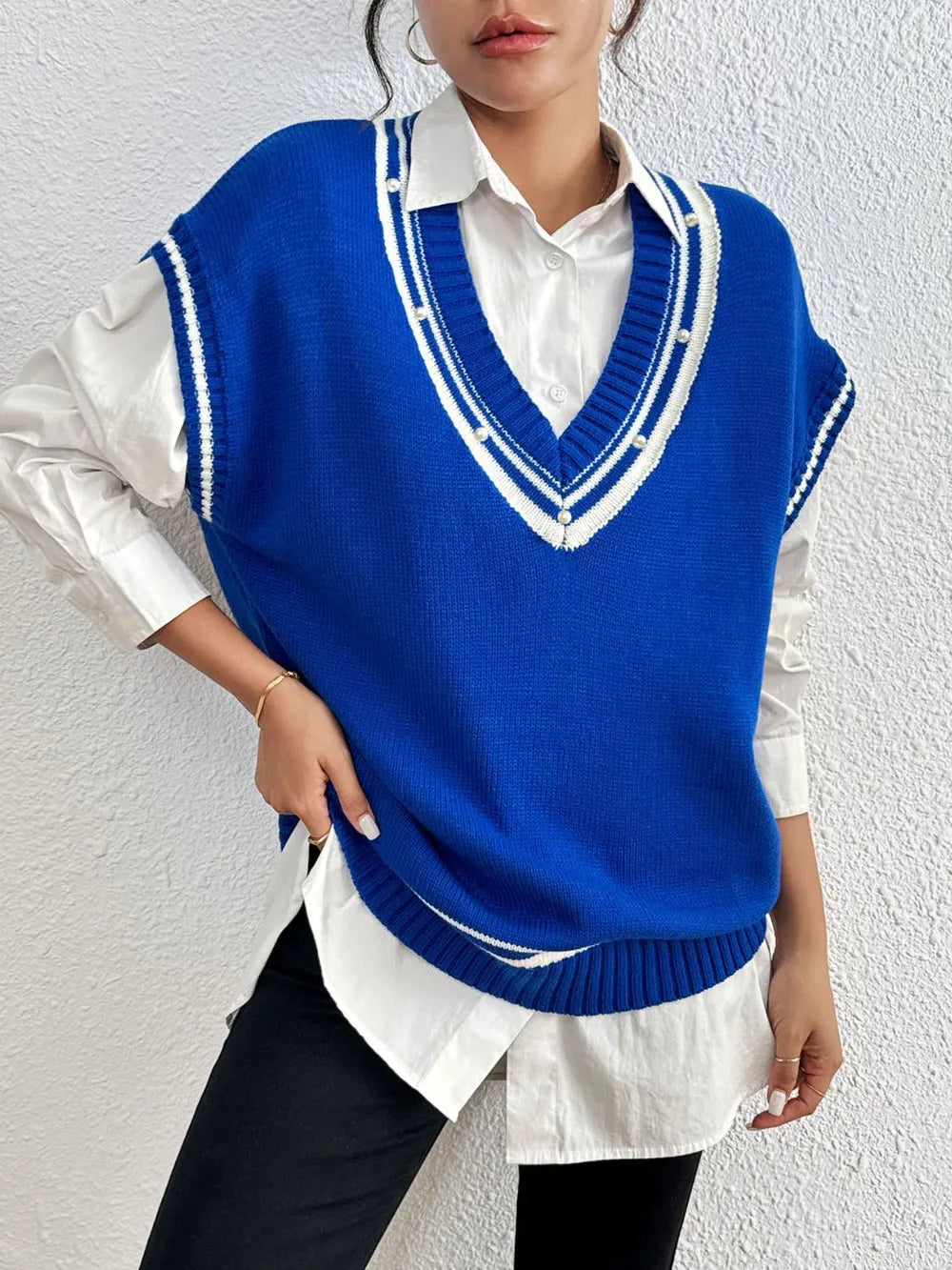 Pearl Trim Contrast V Neck Sweater Vest in Brown view 16