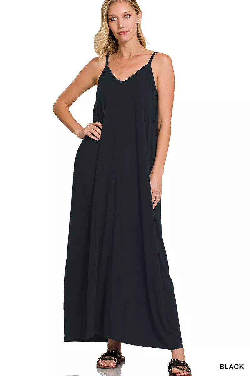 Black V neck cami maxi dress with pockets side view