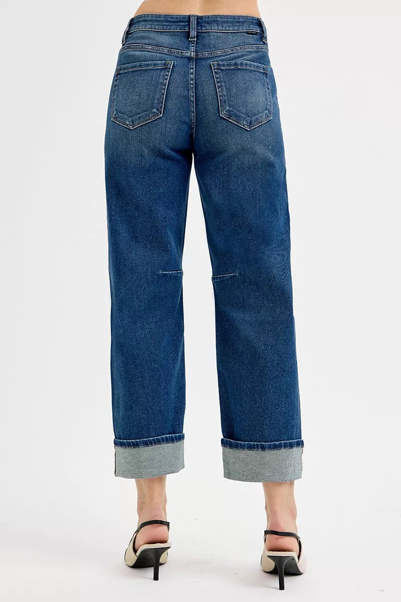 RISEN dark wash barrel jeans full length styling