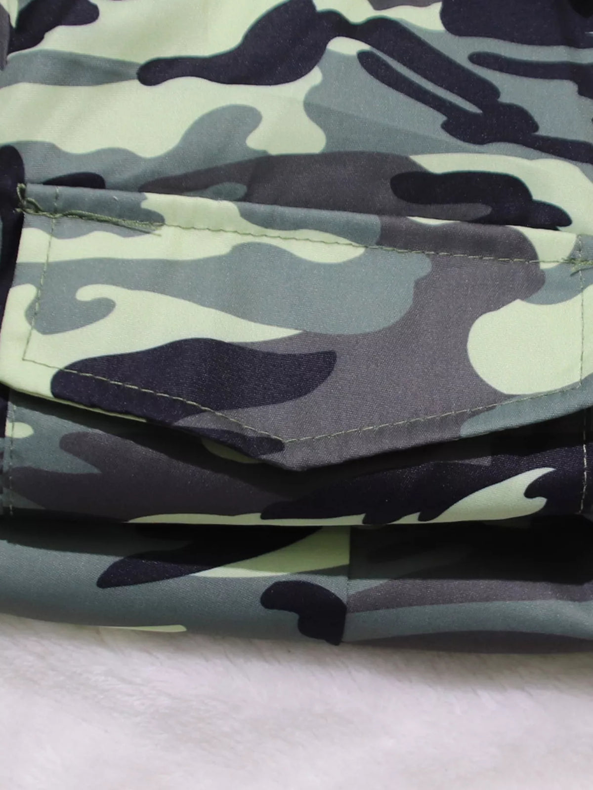 Close up of the button placket on the camouflage romper
