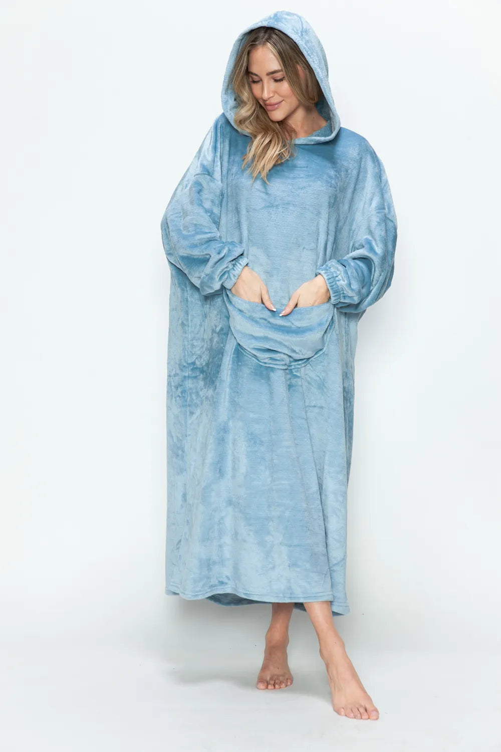 Pastel blue hooded midi lounge dress side view
