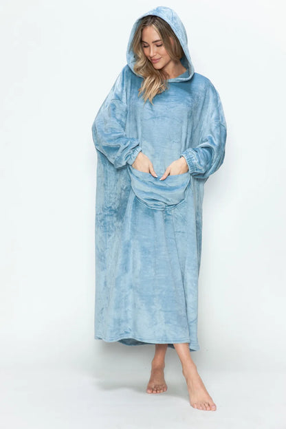 Double Take Full Size Pocketed Hooded Midi Lounge Dress - Fashorio