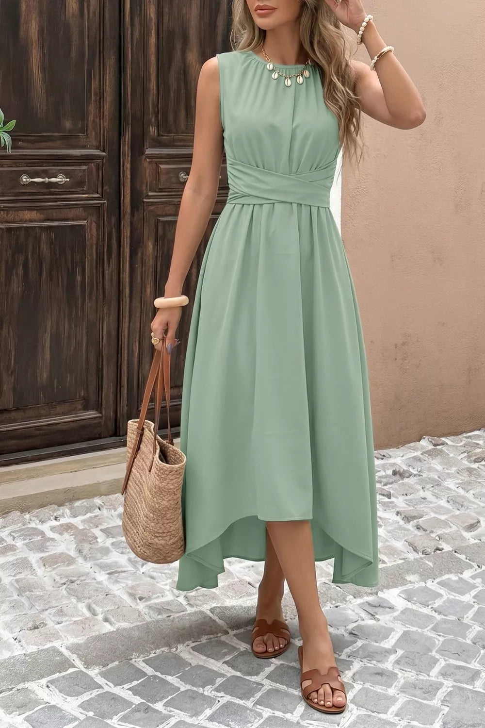 Sage A line dress high low hem detail