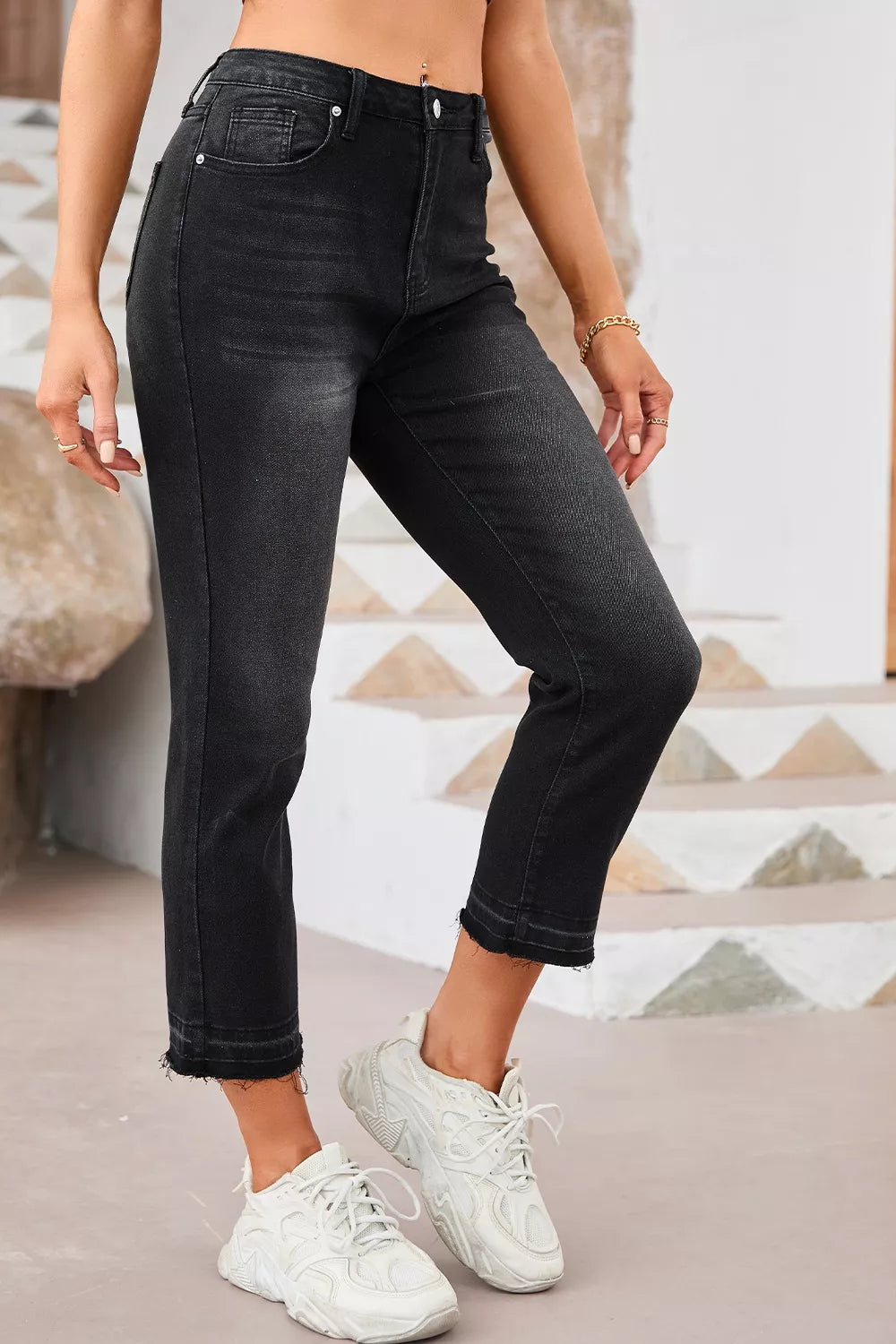 High Waisted Distressed Hem Straight Leg Jeans, view 6