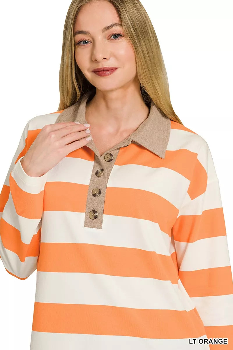 Cotton blend striped fabric close up on the polo top