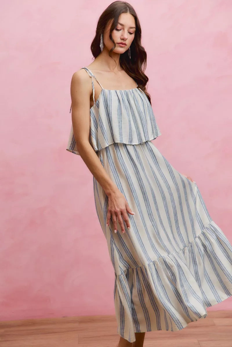 White and blue striped tiered midi dress with shoulder ties front view