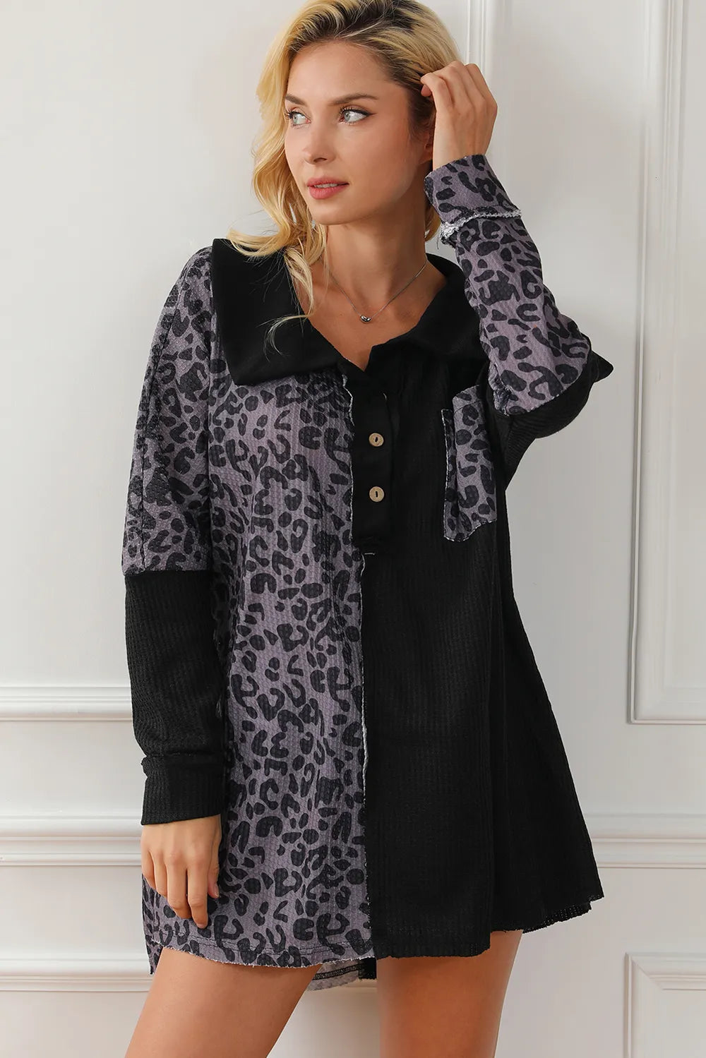 Half Button Leopard Collared Neck Blouse Black - Fashorio