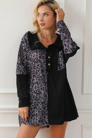 Half Button Leopard Collared Neck Blouse Black - Fashorio