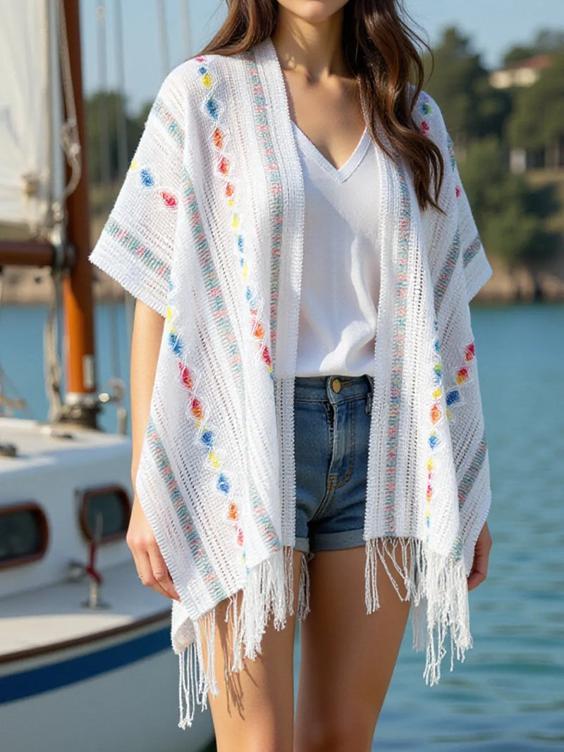 White openwork fringe knit cape front view