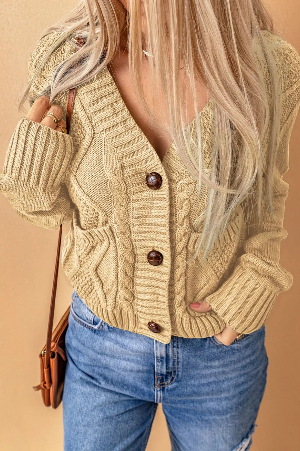 Cable-Knit Button Down V-Neck Cardigan Beige - Fashorio