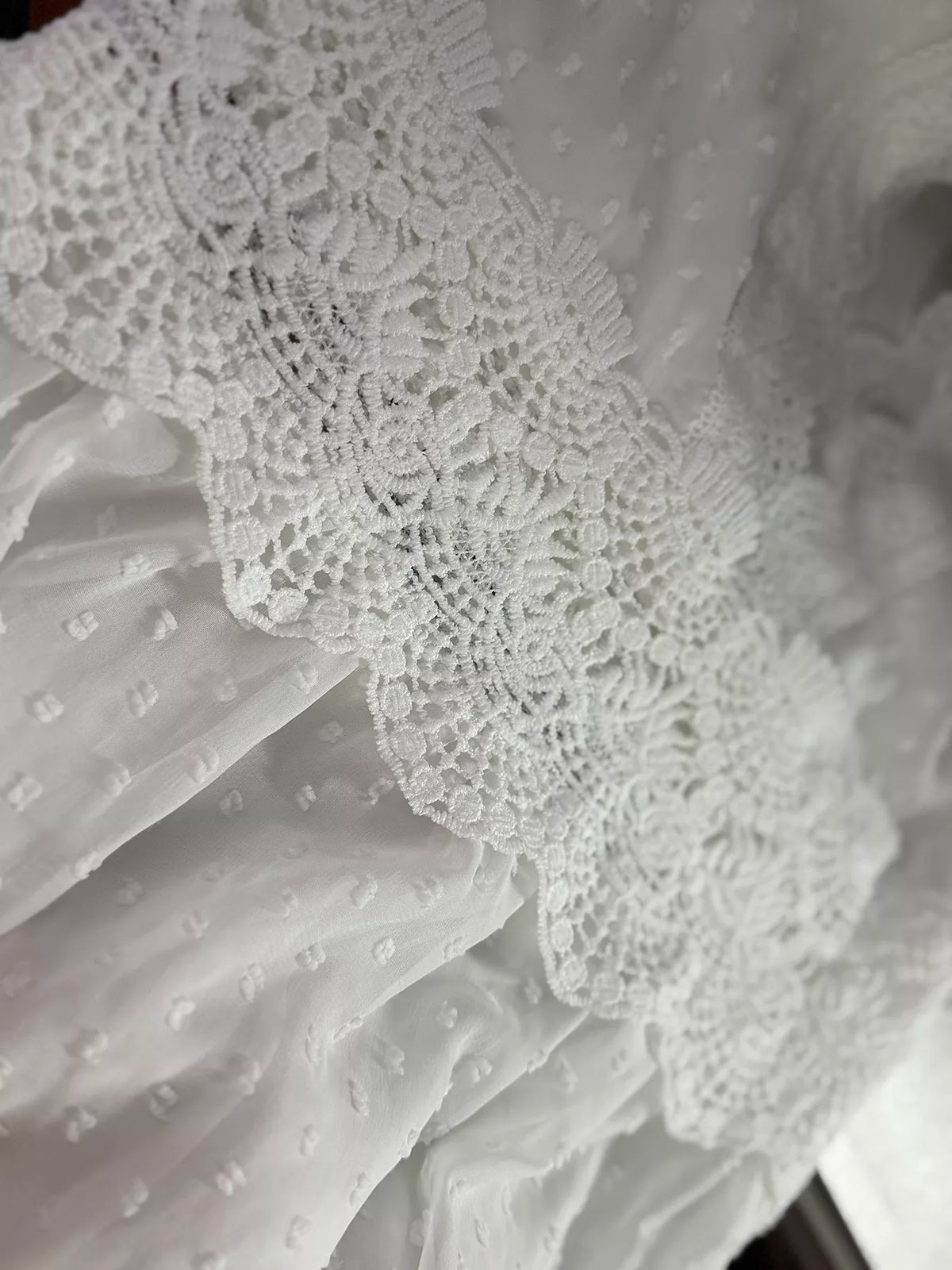 white swiss dot lace sleeveless tied maxi dress front view