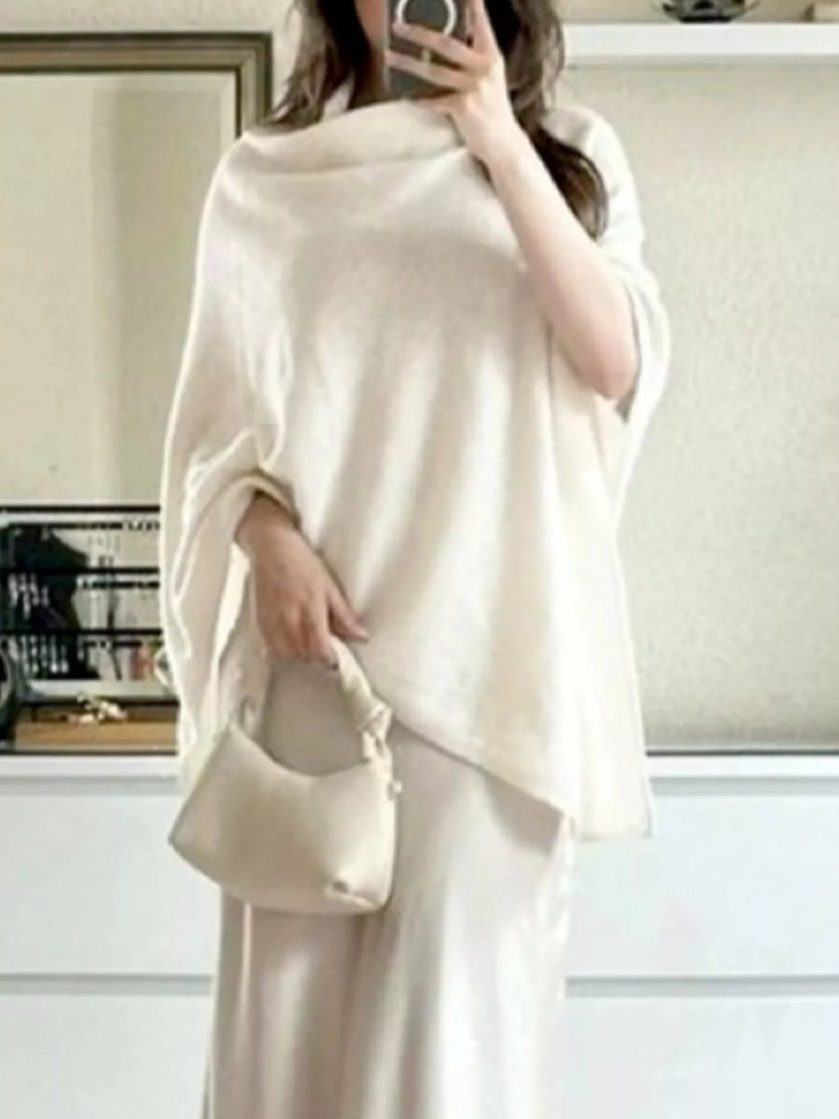 Turtleneck loose knit sweater poncho full length styling