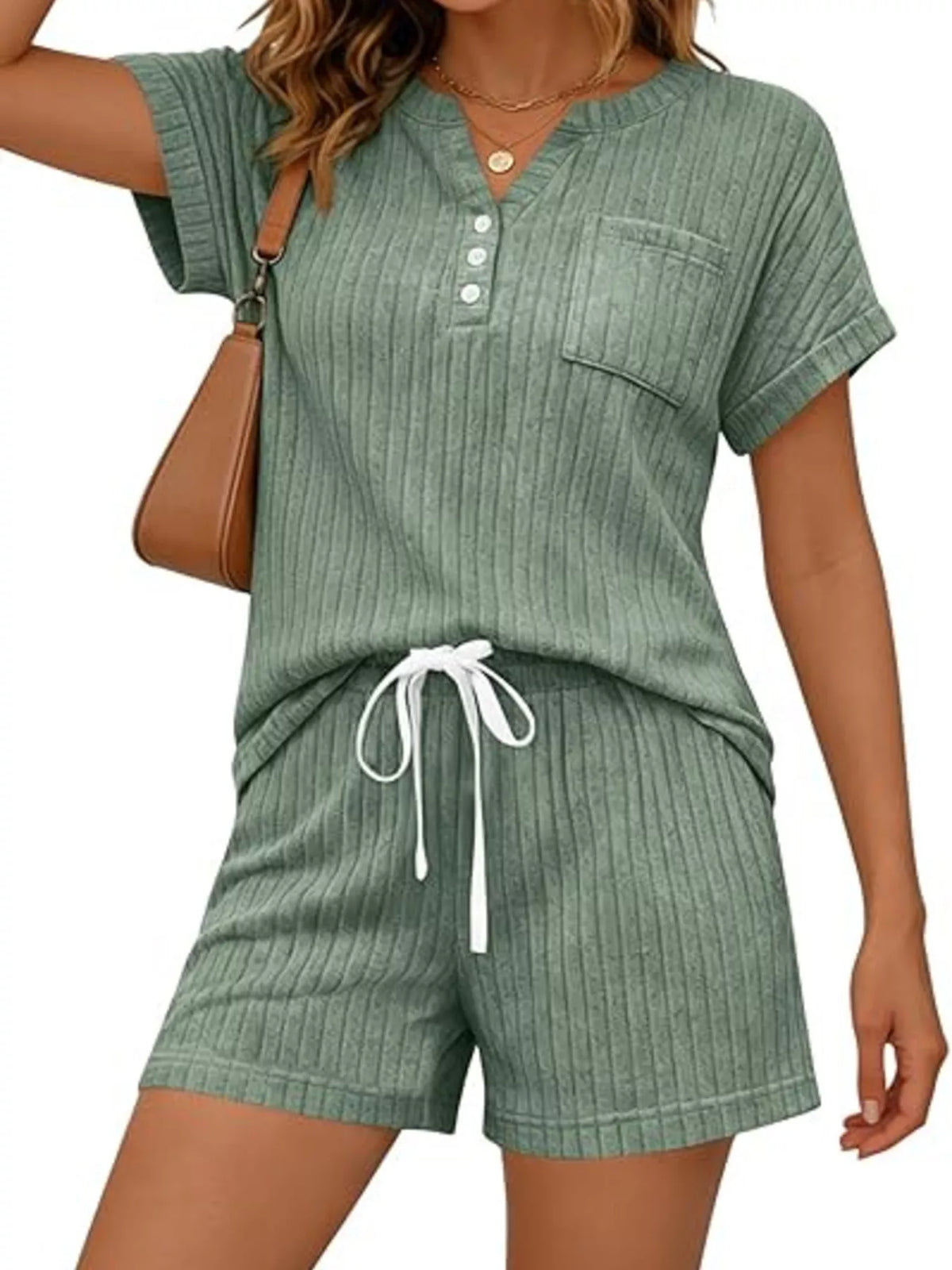 Ribbed knit texture and drawstring detail on matching set