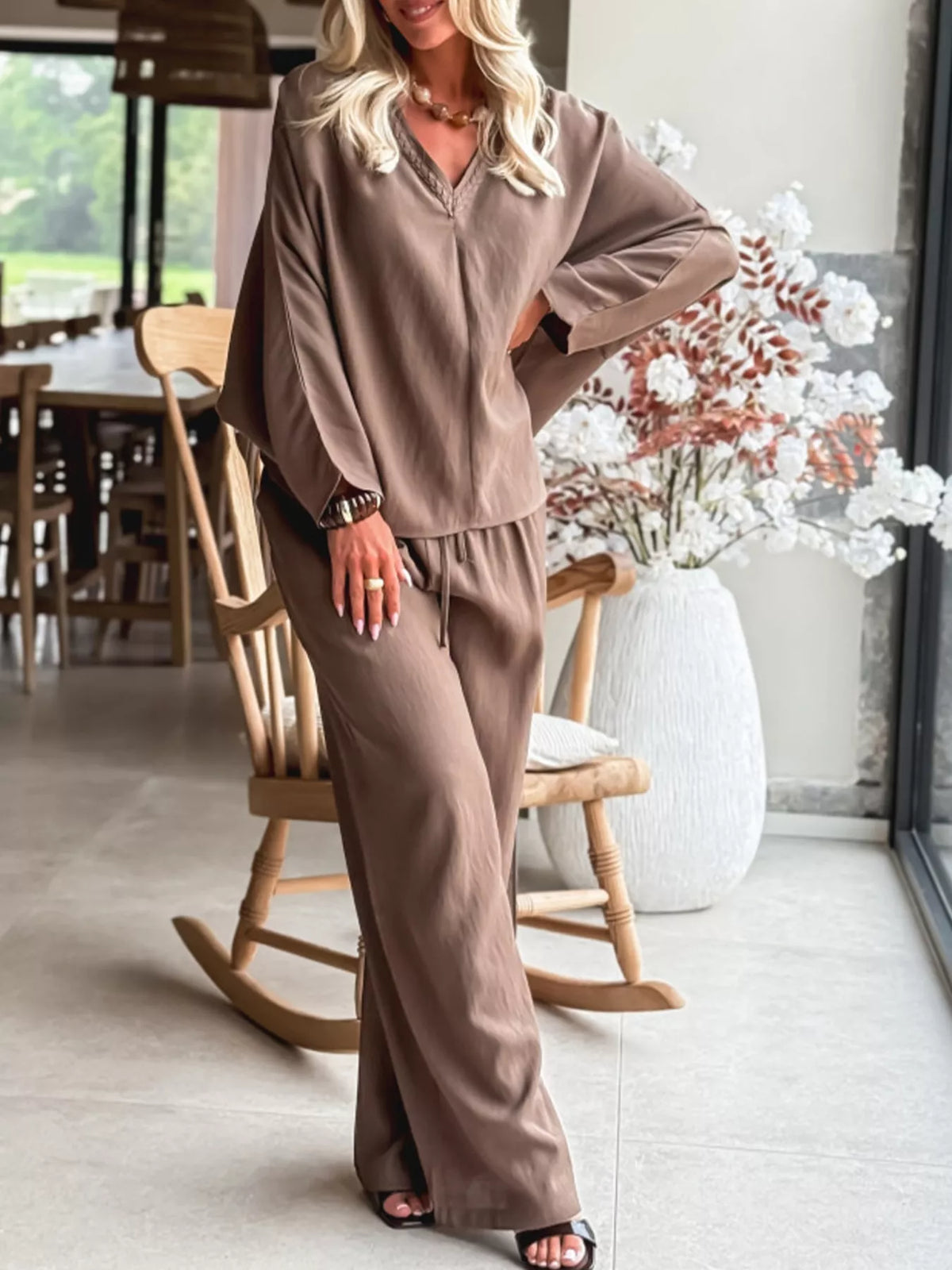 Dark brown loose top two piece set side view