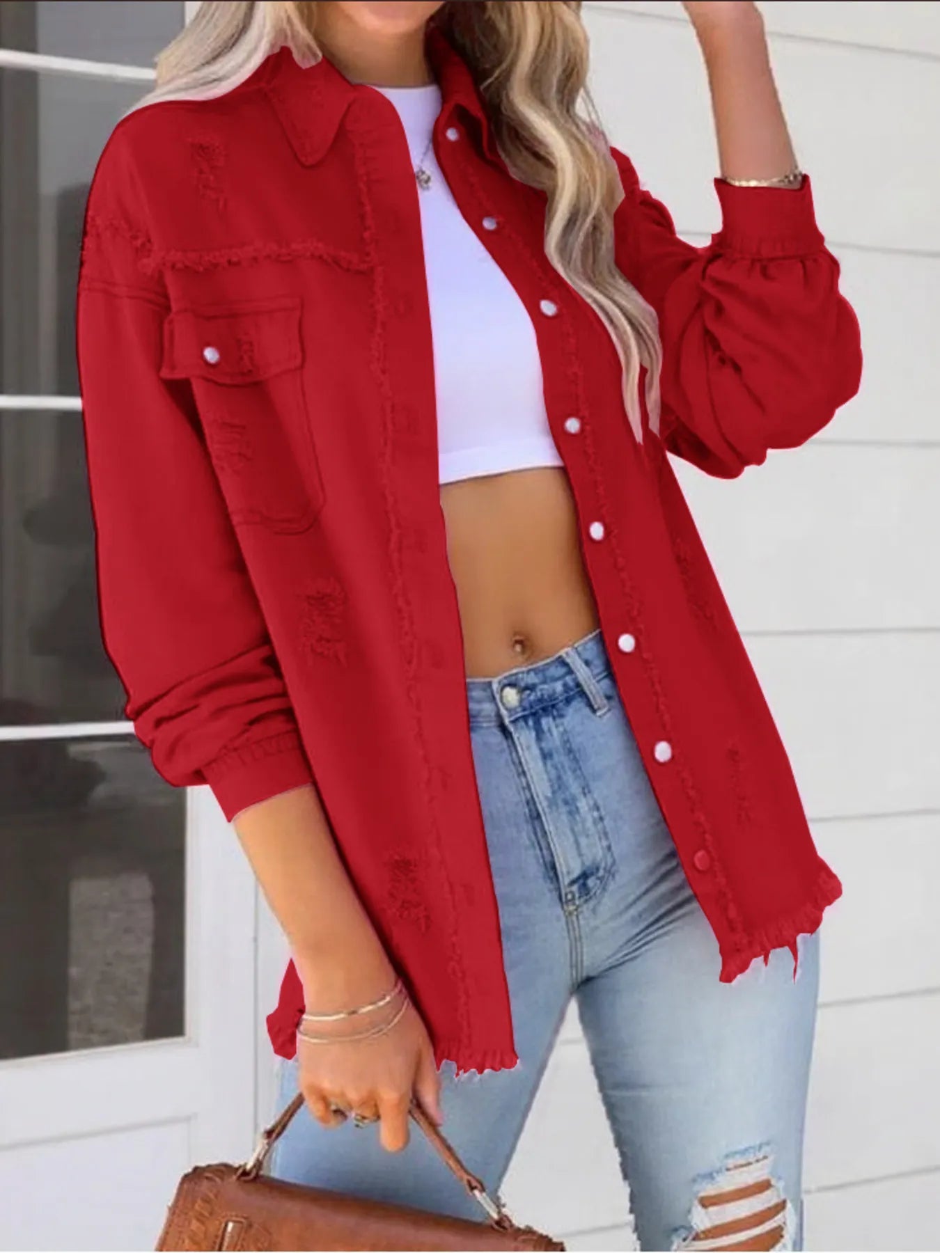 Distressed Denim Jacket with Frayed Edges Red - Fashorio