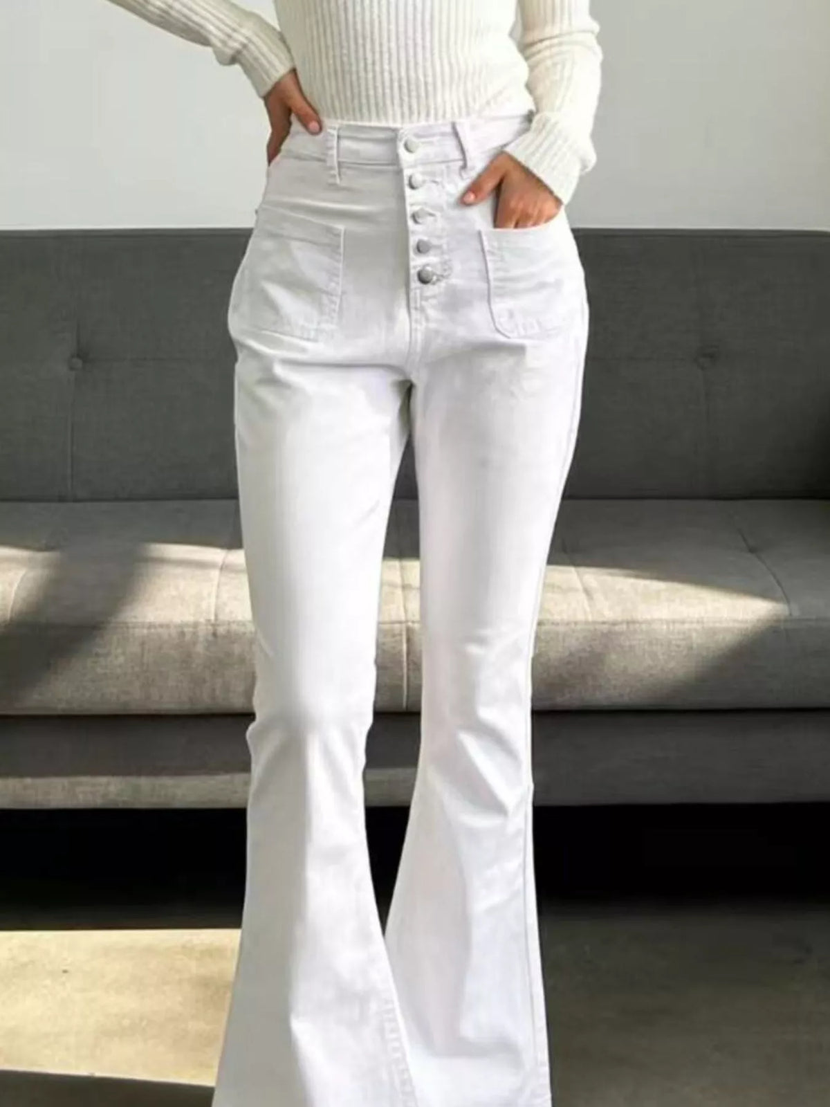 Flare leg high waist denim detail