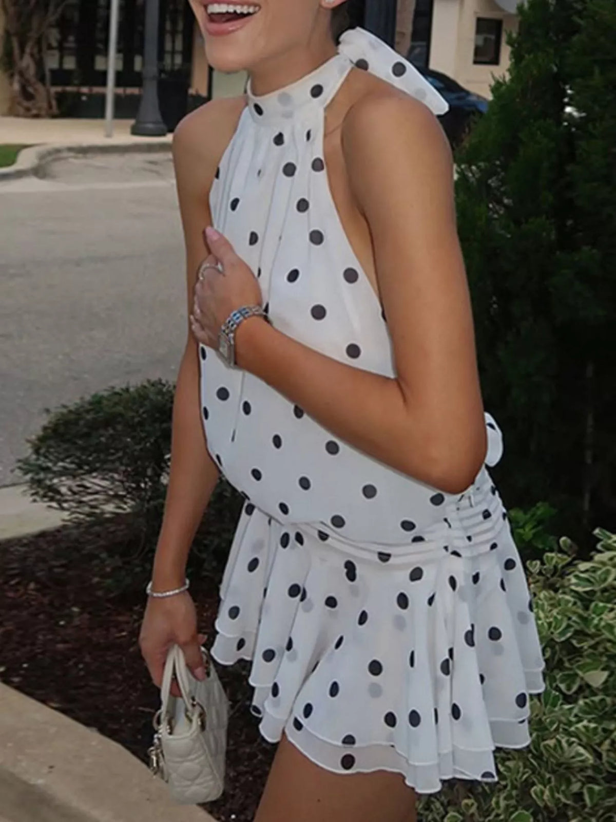 Polka dot print close up on the white dress