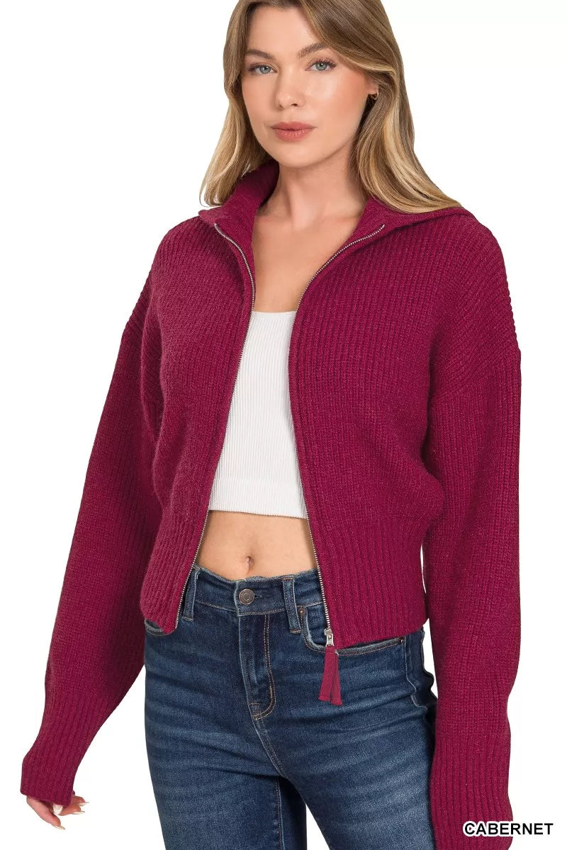 Ribbed Collared Zip Up Cardigan in Cabernet back view