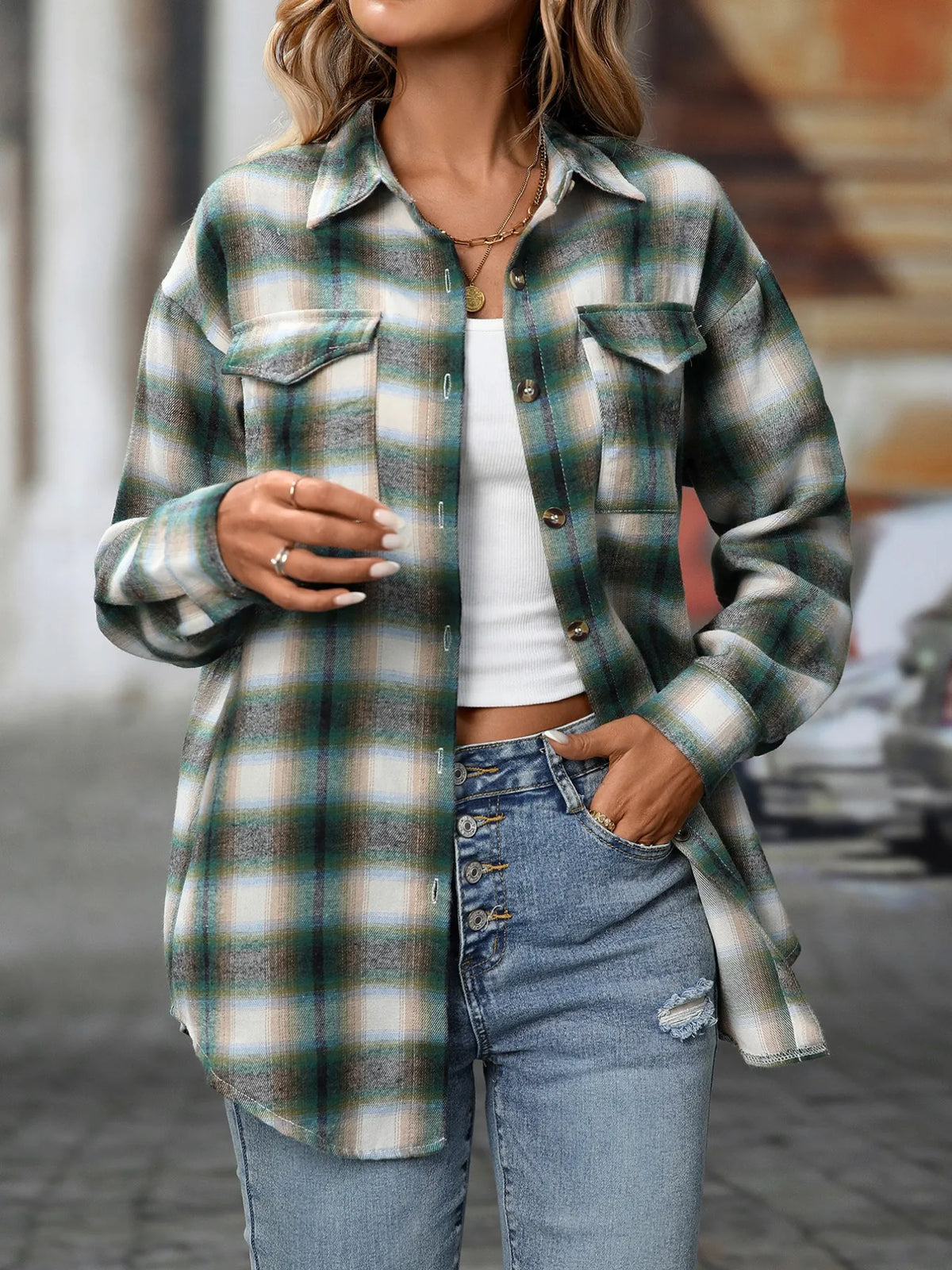 Oversized Plaid Button Up Shirt, view 6