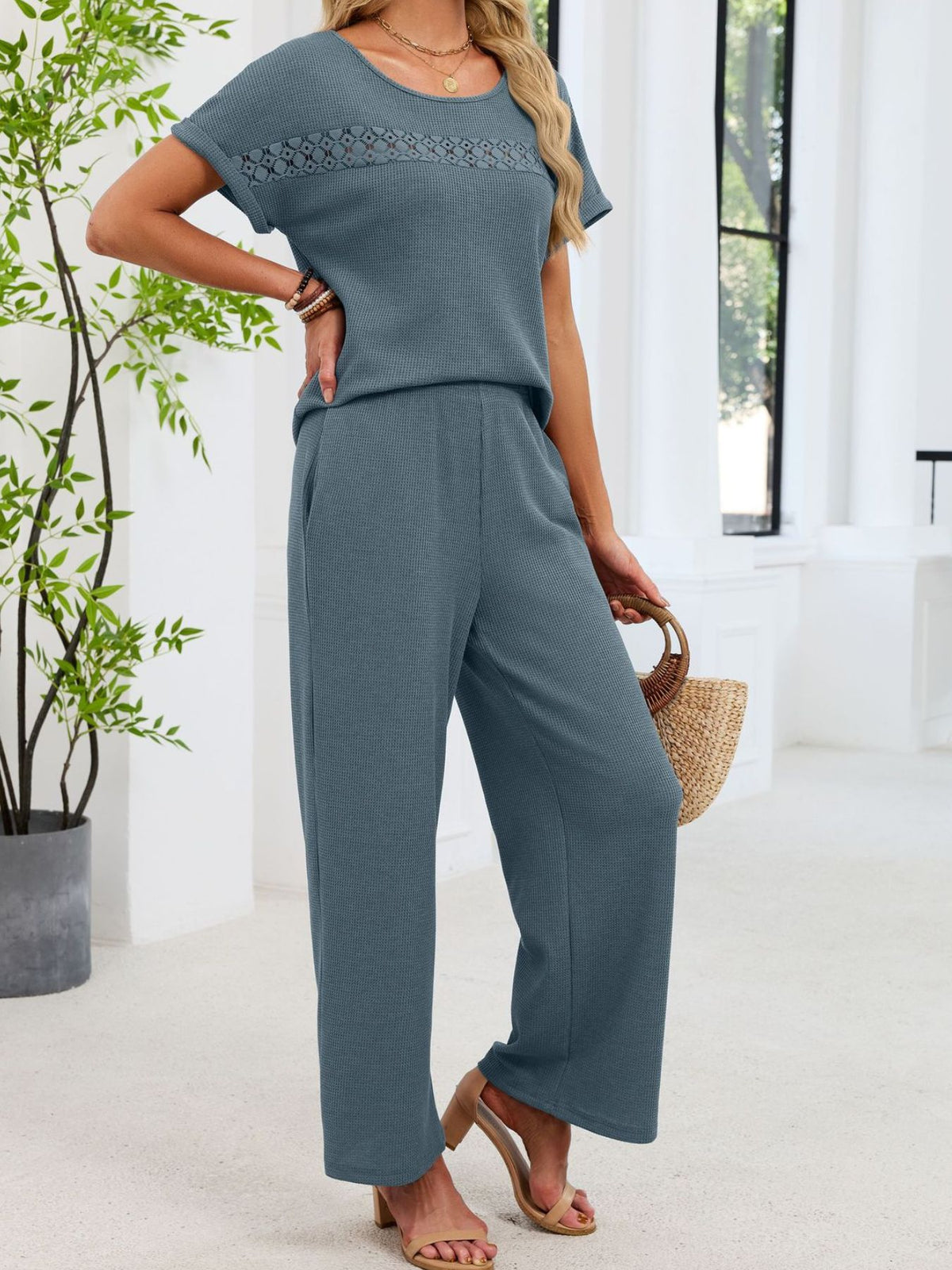 Lace Detail Short Sleeve Top and Pants Set, view 17