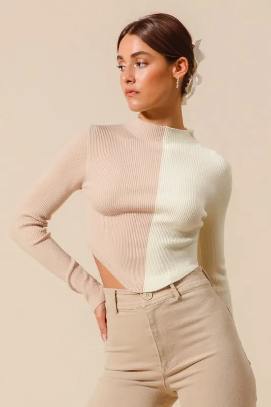 Color Block Fitted Cropped Sweater Top in Taupe and Ivory styled look