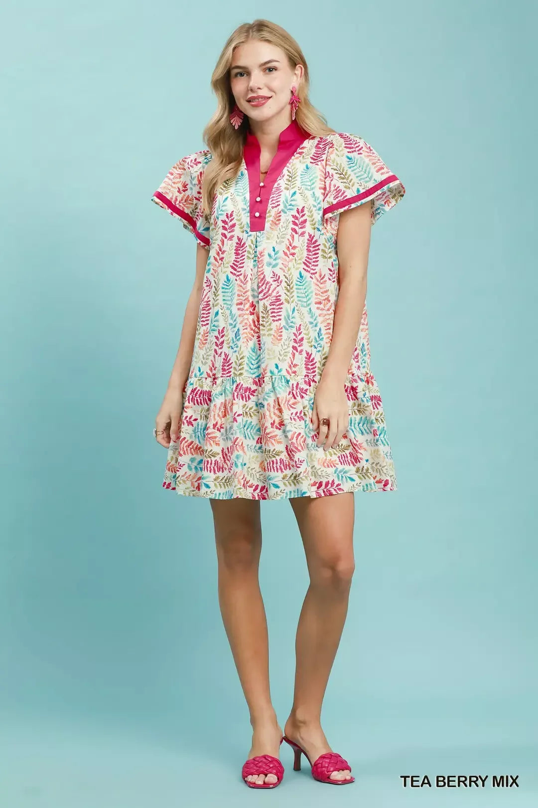 Leaf Print Flutter Sleeve Tiered Mini Dress in Berry styled look