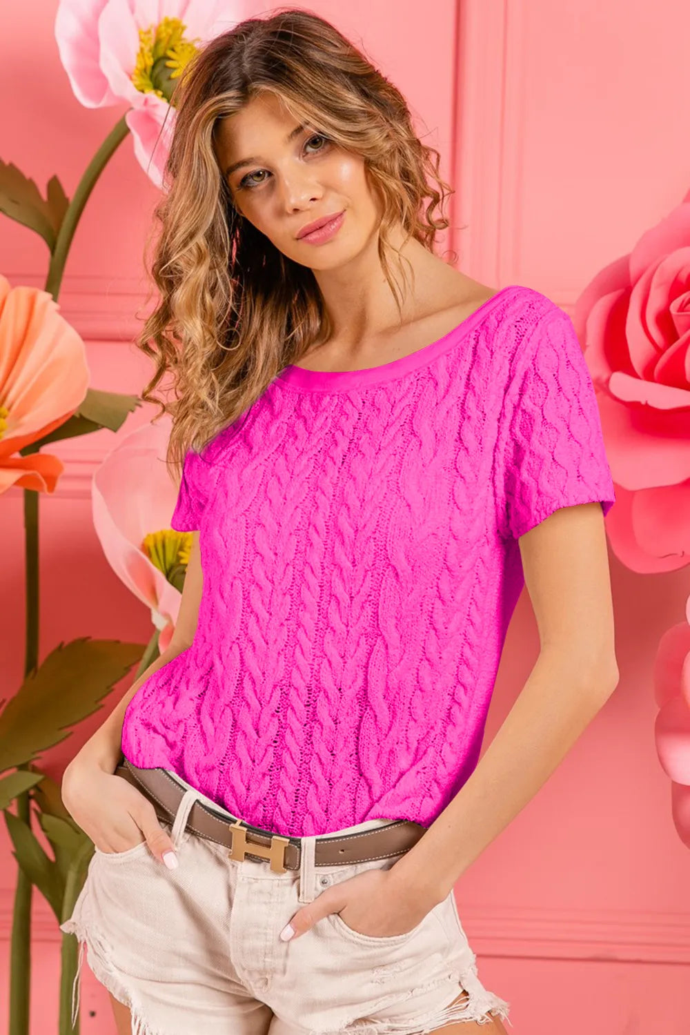 Cable Knit Short Sleeve Sweater in Fuchsia detail