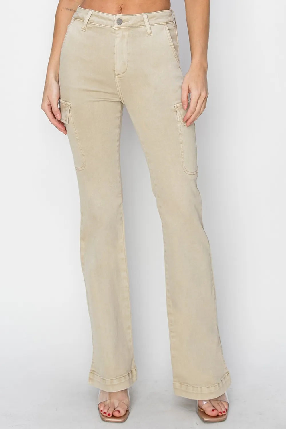 RISEN Full Size High Rise Side Slit Cargo Bootcut Jeans Stone - Fashorio