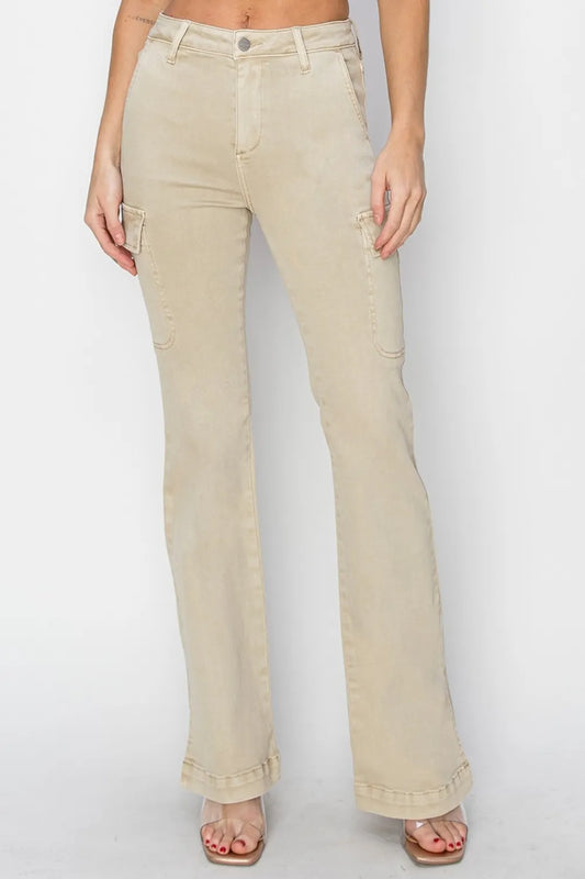 RISEN Full Size High Rise Side Slit Cargo Bootcut Jeans Stone - Fashorio