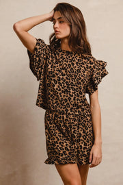 BiBi Leopard Print Waffle Texture Layered Ruffle Sleeve Top and Shorts Set - Fashorio
