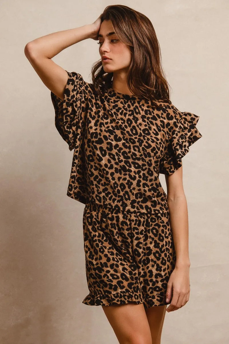 BiBi Leopard Print Waffle Texture Layered Ruffle Sleeve Top and Shorts Set - Fashorio